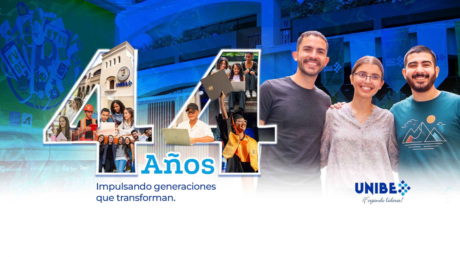 Banner institucional de UNIBE que conmemora sus 44 años impulsando generaciones que transforman.