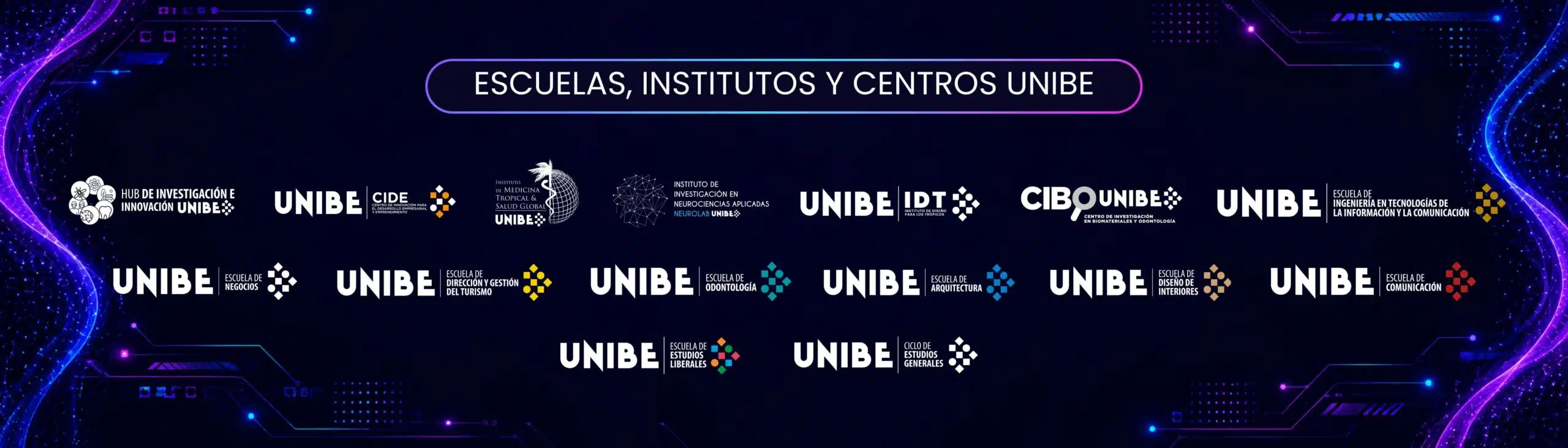 Escuelas, institutos y centros UNIBE: Hub de Investigación e Innovación, CIDE, Instituto de Medicina Tropical y Salud Global, IDT, CIBO, Escuela TIC, Escuela de Negocios, Escuela de Dirección y Gestión del Turismo, Escuela de Odontología, Escuela de Arquitectura, Escuela de Diseño de Interiores, Escuela de Comunicación, Escuela de Estudios Liberales, Ciclo de Estudios Generales